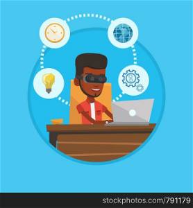 African businessman wearing virtual reality headset and working on computer. Businessman using virtual reality device in office. Vector flat design illustration in the circle isolated on background.. Businessman in vr headset working on computer.