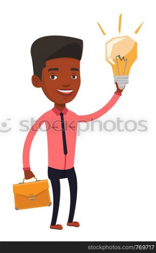 African businessman with a briefcase pointing at business idea light bulb. Man having a business idea. Successful business idea concept. Vector flat design illustration isolated on white background.. Successful business idea vector illustration.