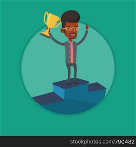 African businessman with business award standing on pedestal. Businessman celebrating his business award. Business award concept. Vector flat design illustration in the circle isolated on background. Businessman proud of his business award.