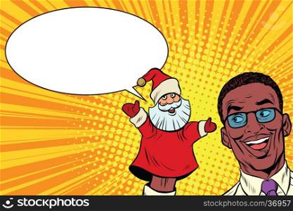 African businessman with hand puppet Santa Claus, Pop art retro vector illustration. New year and Christmas. Homemade puppet theater
