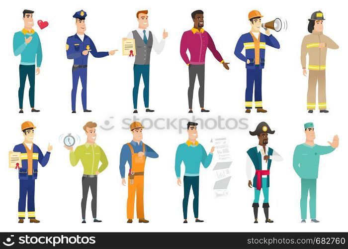 African businessman with his hand in his pocket. Full length of young happy businessman holding his hand in the pocket of pants. Set of vector flat design illustrations isolated on white background.. Vector set of professions characters.