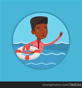 African businessman with lifebuoy sinking. Frightened businessman sinking and asking for help. Concept of failure in business. Vector flat design illustration in the circle isolated on background.. Businessman sinking and asking for help.