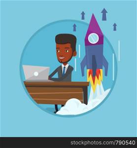 African businessman working on business start up and business start up rocket taking off behind him. Business start up concept. Vector flat design illustration in the circle isolated on background.. Successful business start up vector illustration.