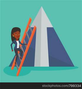 African businesswoman climbing the ladder. Businesswoman climbing on mountain with arrow going up. Businesswoman climbing upward on the top of mountain. Vector flat design illustration. Square layout.. Business woman climbing on mountain.