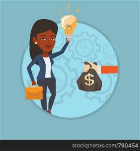 African businesswoman exchanging her business idea bulb to money bag. Woman selling her business idea. Concept of business idea. Vector flat design illustration in the circle isolated on background.. Successful business idea vector illustration.