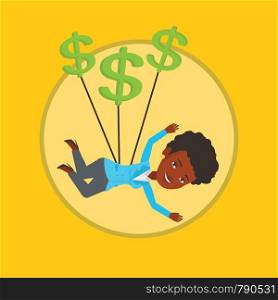 African businesswoman flying with dollar signs. Businesswoman gliding with dollars. Businesswoman using dollar signs as parachute. Vector flat design illustration in the circle isolated on background.. Business woman flying with dollar signs.