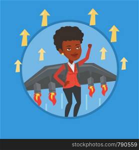 African businesswoman flying with jet backpack. Business woman flying on the business start up rocket. Business start up concept. Vector flat design illustration in the circle isolated on background. Business woman flying on the rocket to success.