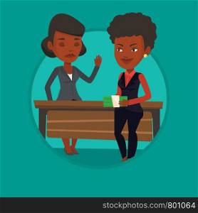 African businesswoman giving a bribe. Uncorrupted businesswoman refusing to take a bribe. Businesswoman rejecting to take bribe. Vector flat design illustration in the circle isolated on background.. Uncorrupted woman refusing to take bribe.