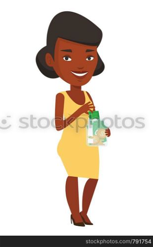 African businesswoman holding money box. Business woman saving money banknotes in glass jar. Business woman putting money into glass jar. Vector flat design illustration isolated on white background.. Woman putting dollar money into glass jar.