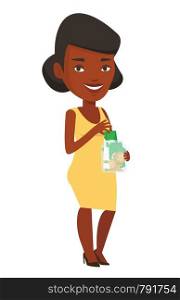 African businesswoman holding money box. Business woman saving money banknotes in glass jar. Business woman putting money into glass jar. Vector flat design illustration isolated on white background.. Woman putting dollar money into glass jar.
