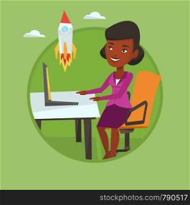 African businesswoman looking at business start up rocket. Businesswoman working on business start up. Business start up concept. Vector flat design illustration in the circle isolated on background. Business start up vector illustration.