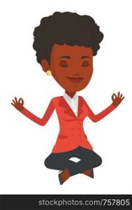 African businesswoman meditating in yoga lotus position. Businesswoman relaxing in the yoga lotus position. Businesswoman doing yoga. Vector flat design illustration isolated on white background.. Business woman meditating in lotus position.