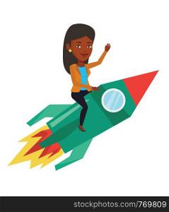 African businesswoman on business start up rocket waving. Businesswoman flying on the business start up rocket. Business start up concept. Vector flat design illustration isolated on white background.. Business start up vector illustration.