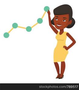 African businesswoman pulling up a business chart. Young businesswoman looking at chart going up. Businesswoman lifting a business chart. Vector flat design illustration isolated on white background.. Businesswoman looking at chart going up.
