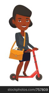 African businesswoman riding a kick scooter. Businesswoman with briefcase riding to work on kick scooter. Business woman on a kick scooter. Vector flat design illustration isolated on white background. Woman riding kick scooter vector illustration.