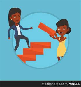 African businesswoman runs up the career ladder while another woman builds this ladder. Businesswoman climbing the career ladder. Vector flat design illustration in the circle isolated on background. Business woman runs up the career ladder.