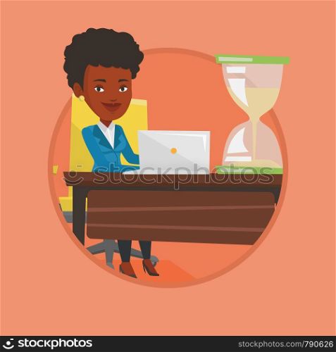 African businesswoman sitting at the table with hourglass symbolizing deadline. Businesswoman coping with deadline successfully. Vector flat design illustration in the circle isolated on background.. Business woman working in office.