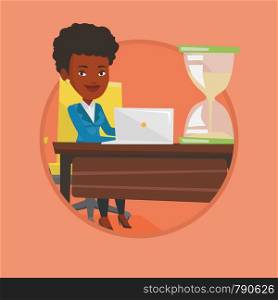 African businesswoman sitting at the table with hourglass symbolizing deadline. Businesswoman coping with deadline successfully. Vector flat design illustration in the circle isolated on background.. Business woman working in office.