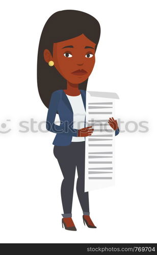 African businesswoman standing with a long bill in hands. Disappointed businesswoman holding long bill. Businesswoman looking at long bill. Vector flat design illustration isolated on white background. Business woman holding long bill.