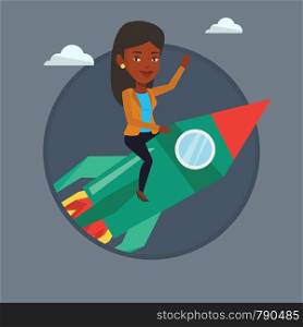 African businesswoman waving on business start up rocket. Woman flying on business start up rocket. Business start up concept. Vector flat design illustration in the circle isolated on background.. Business start up vector illustration.