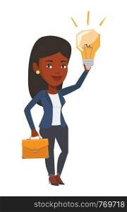 African businesswoman with a briefcase pointing at business idea light bulb. Woman having business idea. Successful business idea concept. Vector flat design illustration isolated on white background.. Successful business idea vector illustration.
