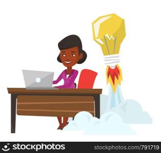 African businesswoman working on a laptop in office and idea bulb taking off behind her. Woman having business idea. Business idea concept. Vector flat design illustration isolated on white background. Successful business idea vector illustration.