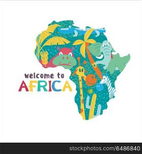 African cartoon animals. . A silhouette of Africa with African animals and trees. Elephant, Hippo, giraffe, palm trees, cactus. Welcome to Africa. Vector illustration.