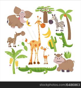 African cartoon animals. . Africa. African cartoon animals. A set of cute clipart flora and fauna of Africa. Giraffe, elephant, palm, Hippo, crocodile, banana, cactus, baobab.