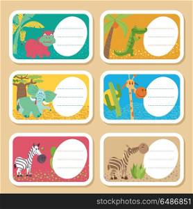 African cartoon animals. . Africa. African cartoon animals. A set of cute tags with different animals. Zebra, elephant, Hippo, crocodile, giraffe.