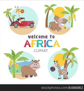 African cartoon animals. . Africa. African cartoon animals. Set of cute illustrations, icons. Giraffes, elephants and zebras. Welcome to Africa, vector illustration.