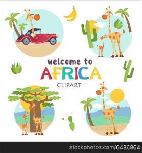 African cartoon animals. . Africa. African cartoon animals. Set of cute illustrations, icons. Giraffes and African trees. Welcome to Africa, vector illustration.