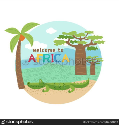 African cartoon animals. . African crocodile near coconut tree and baobab. Vector illustration. The African flora and fauna. Isolated on a white background.