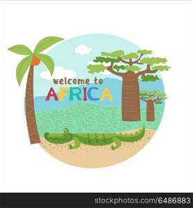 African cartoon animals. . African crocodile near coconut tree and baobab. Vector illustration. The African flora and fauna. Isolated on a white background.
