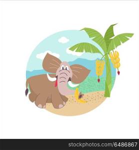 African cartoon animals. . African elephant near banana trees. Vector illustration. The African flora and fauna. Isolated on white background.