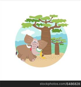 African cartoon animals. . African elephant near the baobab. Vector illustration. The African flora and fauna. Isolated on white background.