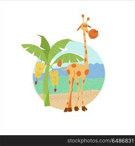 African cartoon animals. . African giraffe near banana trees. Vector illustration. The African flora and fauna. Isolated on white background.
