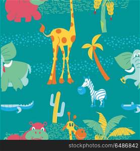 African cartoon animals. . Seamless pattern with African cute cartoon animals and African plants. Giraffes, elephants, hippos, palm trees. Vector illustration.