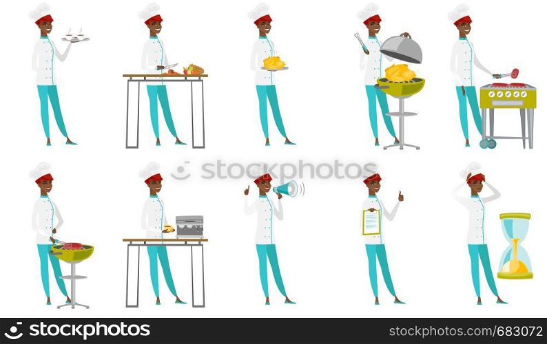 African chef cook cooking chicken on barbecue grill. Chef having a barbecue party. Chef cook preparing chicken on barbecue grill. Set of vector flat design illustrations isolated on white background.. Vector set of chef-cooker characters.