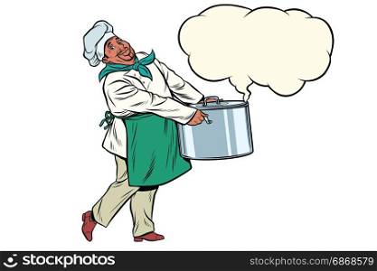 African chef holding a hot pot, cloud of steam. Pop art retro comic book vector illustration. African chef holding a hot pot, cloud of steam