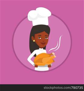 African chef in uniform and cap holding roasted chicken. Chef with whole baked chicken. Chef holding plate with fried chicken. Vector flat design illustration in the circle isolated on background.. Chef cook holding roasted chicken.