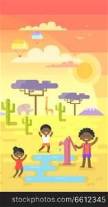 African children playing near water near tap under hot sun on area with many exotic plants vector illustration in flat design, drink waters in desert. African Children Playing near Water Outside Tap
