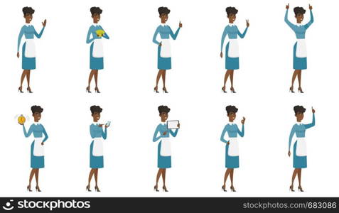 African cleaner holding mobile phone and pointing at it. Full length of young cleaner with mobile phone. Cleaner using cell phone. Set of vector flat design illustrations isolated on white background.. Vector set of illustrations with cleaner character