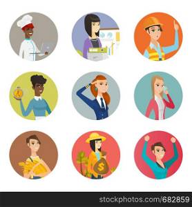 African cleaner showing ringing alarm clock. Cleaner in uniform holding alarm clock. Set of different professions. Set of vector flat design illustrations in the circle isolated on white background.. Vector set of characters of different professions.