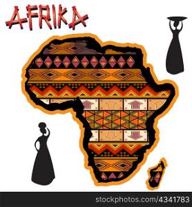 African continent with traditional cover and african women silhouettes over white background