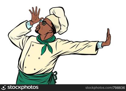 African cook chef, gesture of shame. denial no. Pop art retro vector Illustrator vintage kitsch drawing. African cook chef, gesture of shame. denial no
