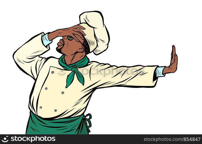 African cook chef, gesture of shame. denial no. Pop art retro vector Illustrator vintage kitsch drawing. African cook chef, gesture of shame. denial no