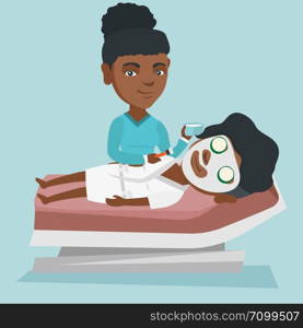 African cosmetologist applying a facial cosmetic mask on face of a client in beauty salon. Young woman lying on table in salon during cosmetology procedure. Vector cartoon illustration. Square layout.. Woman during cosmetology procedure in beauty salon