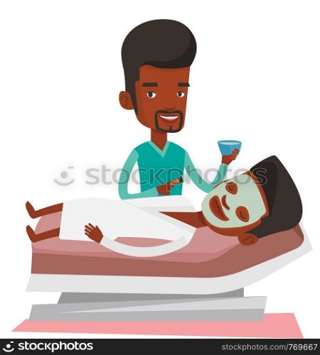 African cosmetologist applying cosmetic mask on face of client in beauty salon. Young man lying on table in salon during beauty treatment. Vector flat design illustration isolated on white background.. Man in beauty salon during cosmetology procedure.