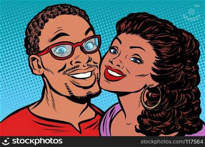 African couple kissing, smiling. Pop art retro vector illustration kitsch vintage drawing. African couple kissing, smiling