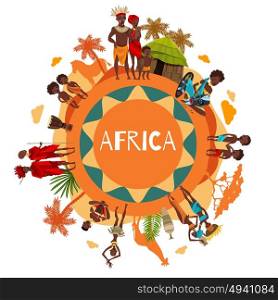 African Cultural Symbols Round Composition Poster . African ethnic tribal culture nature people and traditions ornamental round flat earth tone composition vector illustration
